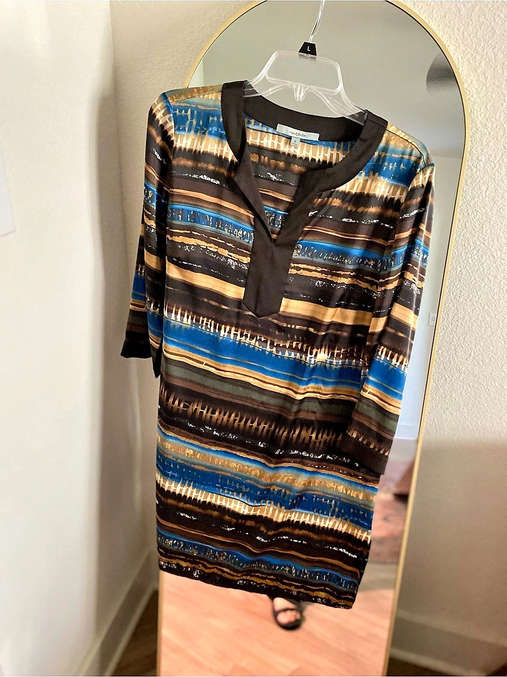 Max Studio Long Sleeve Geometric Mini Dress in Brown & Blue